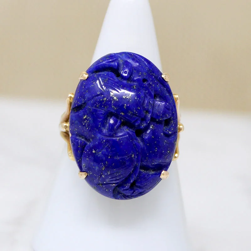 Cocktail Party Rings -Striking Carved Lapis in Gold Cocktail Ring