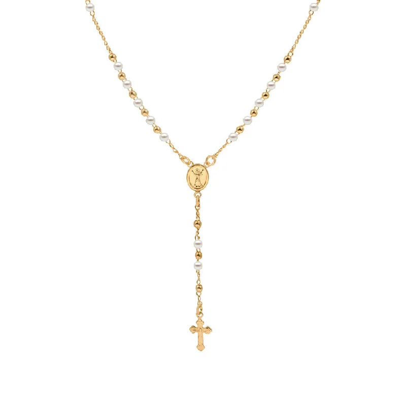 Ladies Necklaces for Sweet Nieces-THE GOLDEN PEARL ROSARY NECKLACE