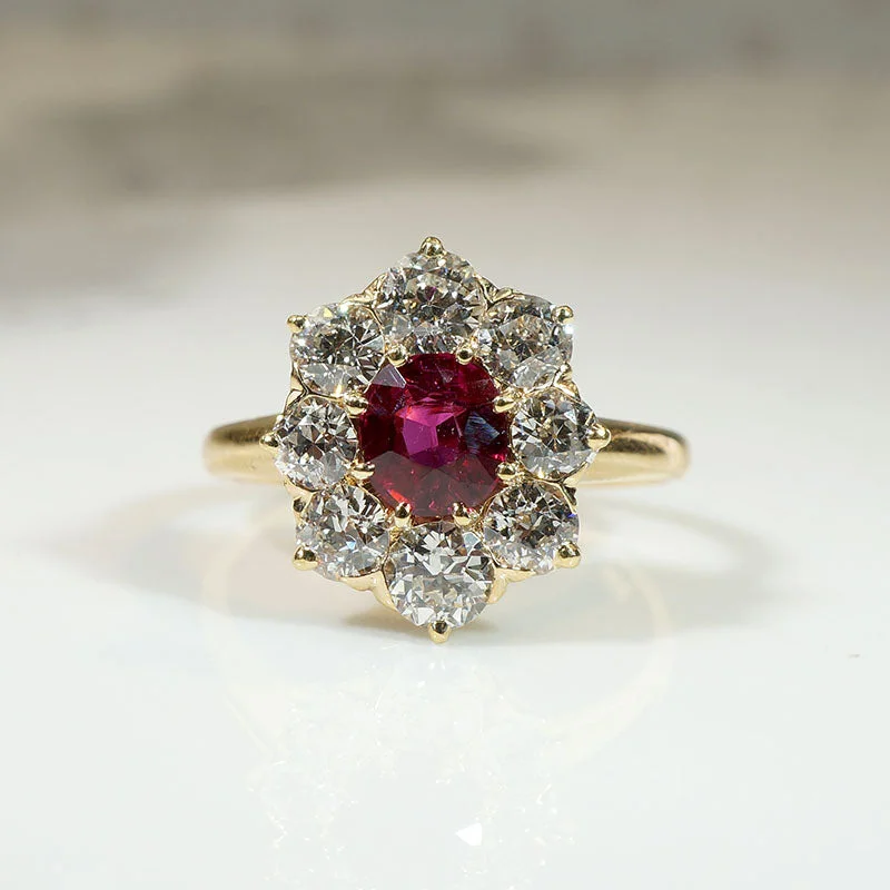 Smooth Band Rings -Smouldering Oval Ruby in Diamond Halo Ring