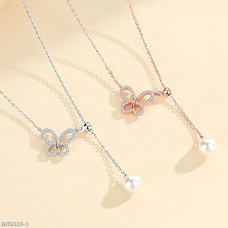 Ladies Necklaces with Lock Drop-Microset butterfly pearl necklace