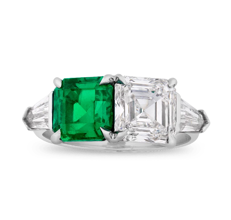 Brushed Metal Rings -Colombian Emerald and Diamond Ring