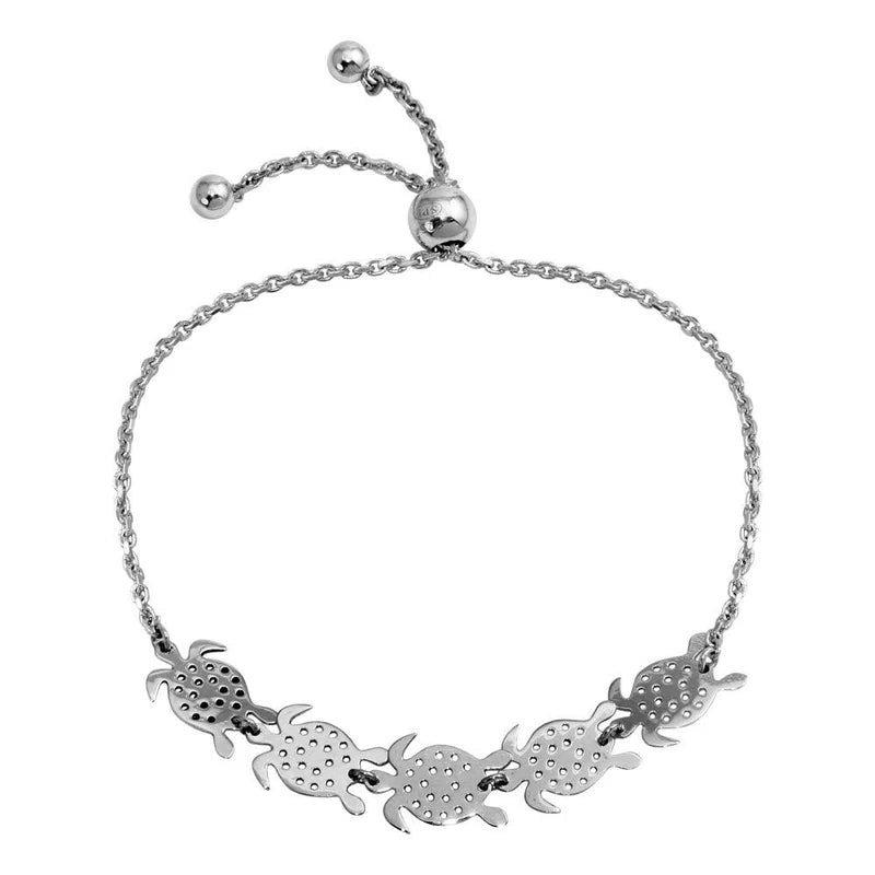 Ladies Narrow Bracelets -Rhodium Plated 925 Sterling Silver Turtles Lariat Bracelet