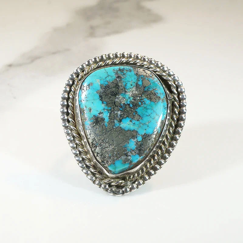 Leaf Carved Rings -Stunning Turquoise in Handsome Silver Ring