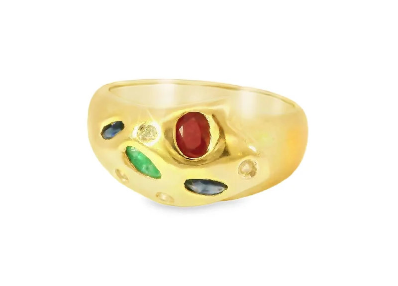 Rural Style Rings -Beautiful Estate 14K Yellow Gold Diamond Emerald Sapphire Ruby Ring Band