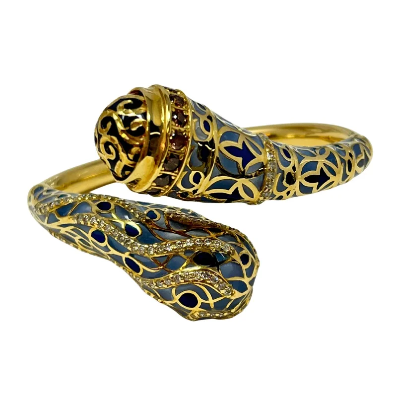 Ladies Glass Bracelets -18K Gold Hinged Snake Bracelet with Diamonds and Enamel