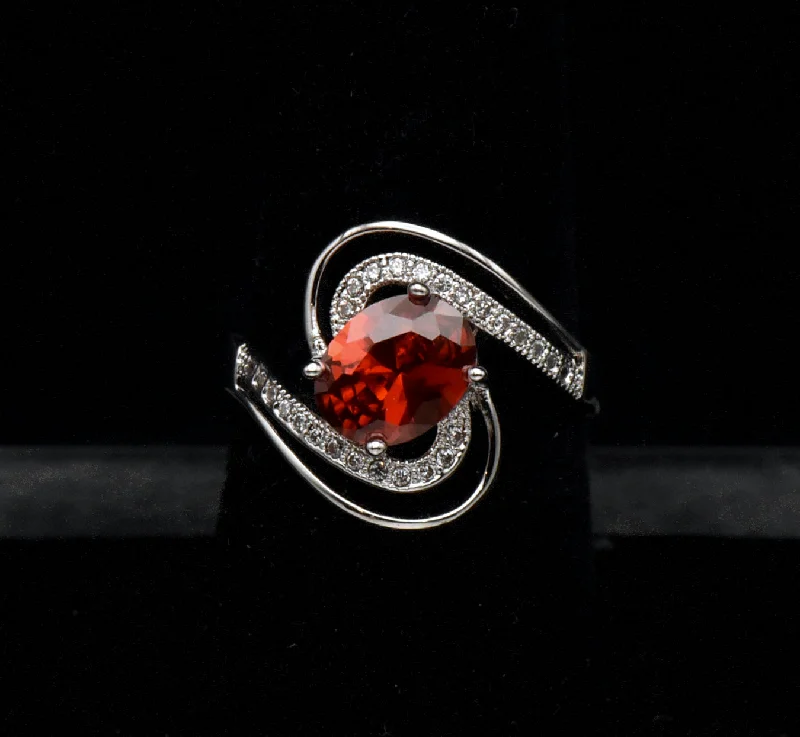 Timeless Classic Rings -Vintage Red Cubic Zirconia 18k White Gold Plated Ring - Size 7