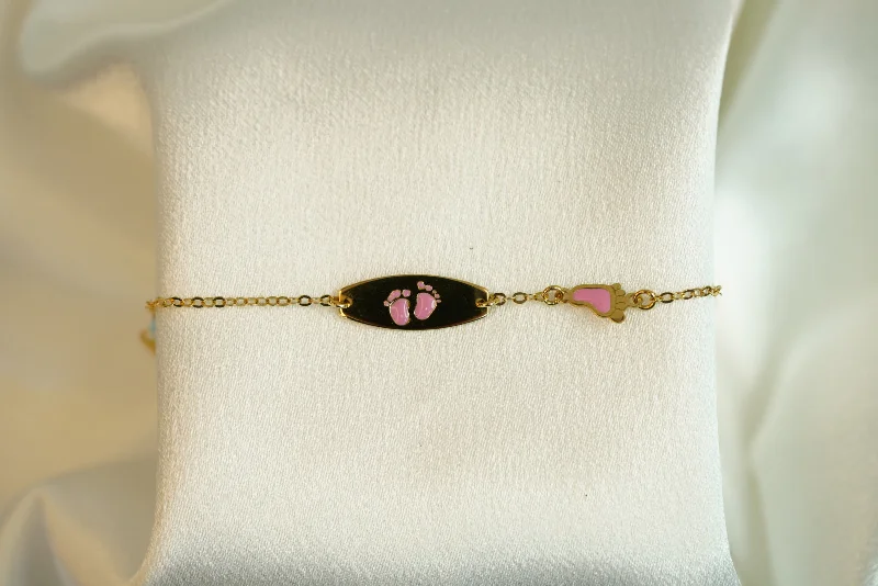 Ladies Thin Bracelets -18k ID Bracelet Little Pink Feet