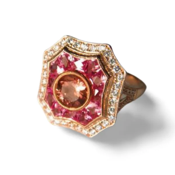 Love Heart Rings -Gorgeous Art Deco 14K Pink Rose Gold Pink Tourmaline Hand Cut Pink Sapphire Diamond Ring Band