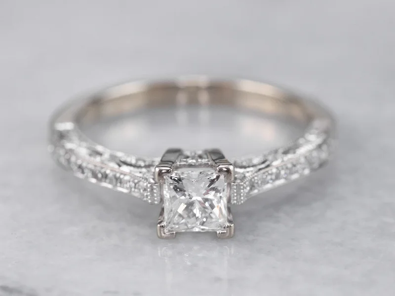 Couple Engagement Rings -Modern 18K Gold Princess Cut Diamond Engagement Ring