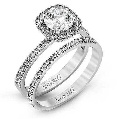 Tension Set Engagement Rings -Round-cut Halo Engagement Ring & Matching Wedding Band in 18k Gold with Diamonds MR1842-A