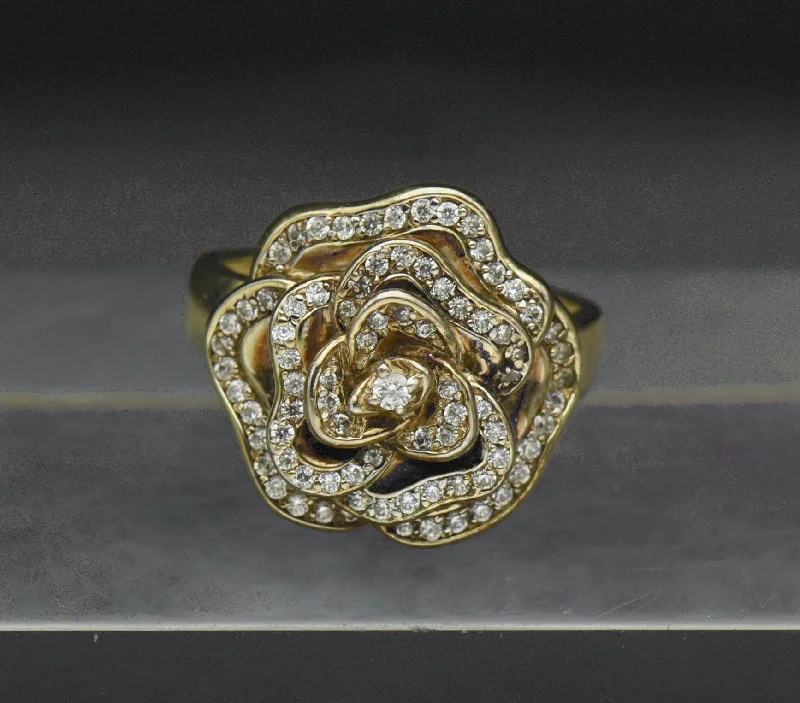 Polished Gem Rings -Vintage Flower Gold Tone Sterling Silver Cubic Zirconia Ring - Size 9