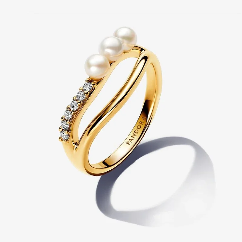 Ethnic Style Rings -PANDORA : Treated Freshwater Cultured Pearl & Organically Shaped Double Band Ring in Gold