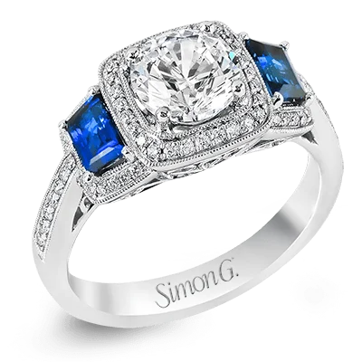 Lab-Grown Engagement Rings -Round-Cut Three-Stone Halo Engagement Ring In 18k Gold With Diamonds & Sapphires MR2247-A