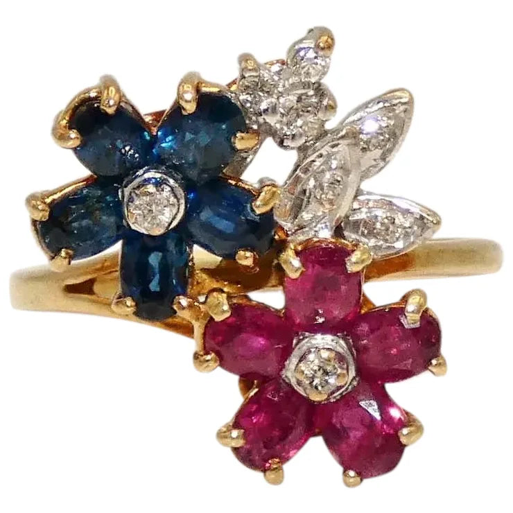 Chunky Band Rings -14K Gold Ruby, Sapphires, & Diamond Flower Ring