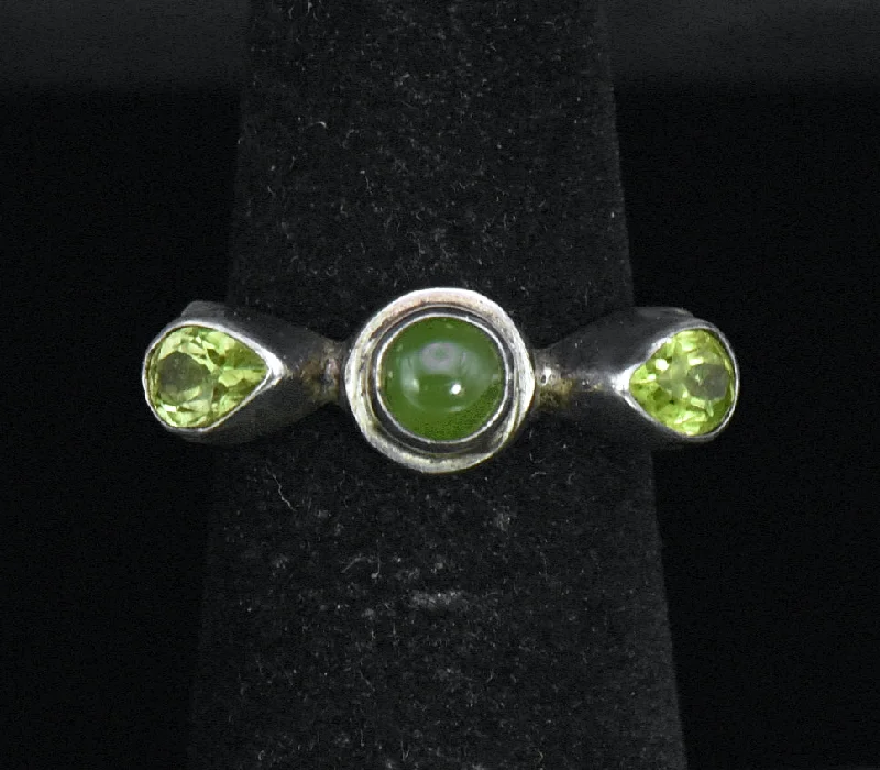 Oriental Design Rings -Vintage Handmade Peridot and Jade Sterling Silver Ring - Size 5.25