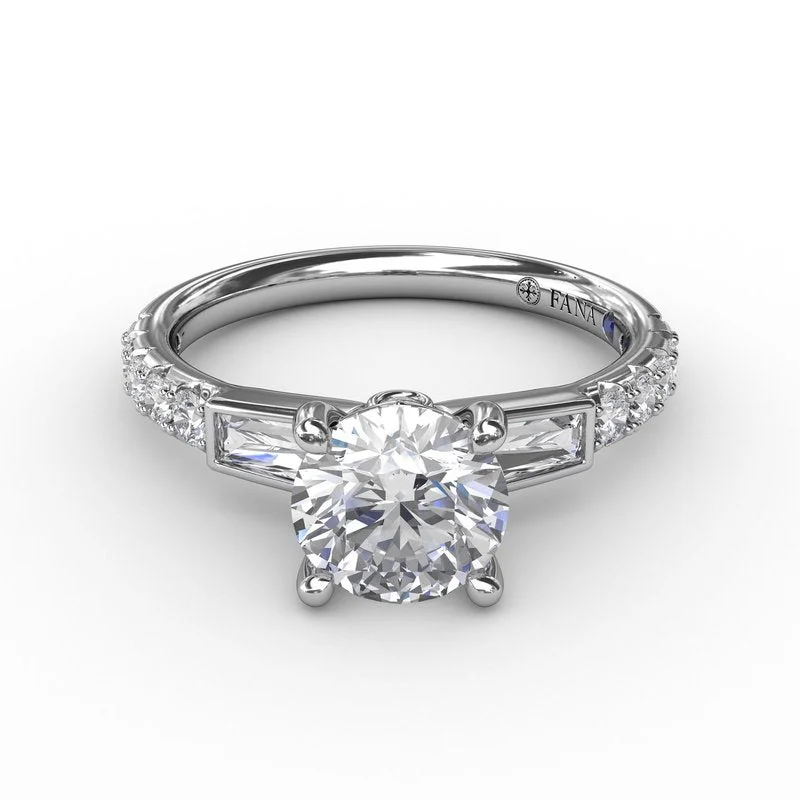 Tree Engagement Rings -Three-Stone Round Diamond Engagement Ring With Bezel-Set Baguettes and Diamond Band S3296