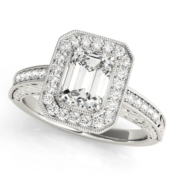 Domed Engagement Rings -14K Emerald Cut Halo Vintage Engagement Ring