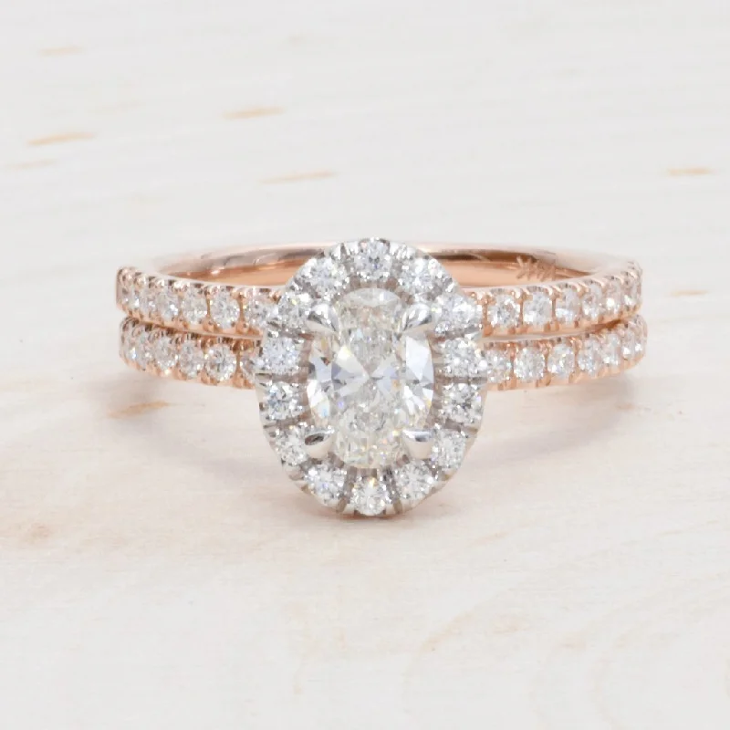 Galaxy Engagement Rings -14K White & Rose Gold Oval Diamond Halo Engagement Set