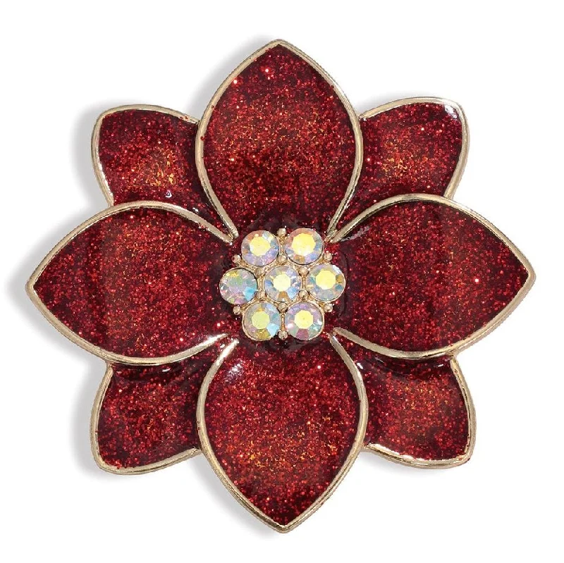 Enchanted Gem Rings -Holiday Brooch Pin Glittering Poinsettia with Crystal