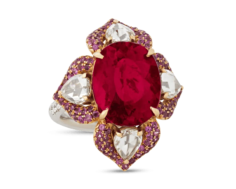 Adjustable Size Rings -Floral Rubellite Tourmaline Ring, 9.41 Carats