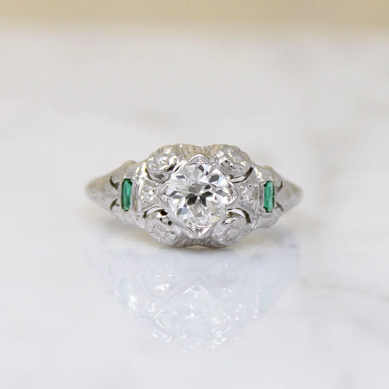 Bold Statement Rings -Fresh Floral Art Deco Diamond Ring with Emerald Accents