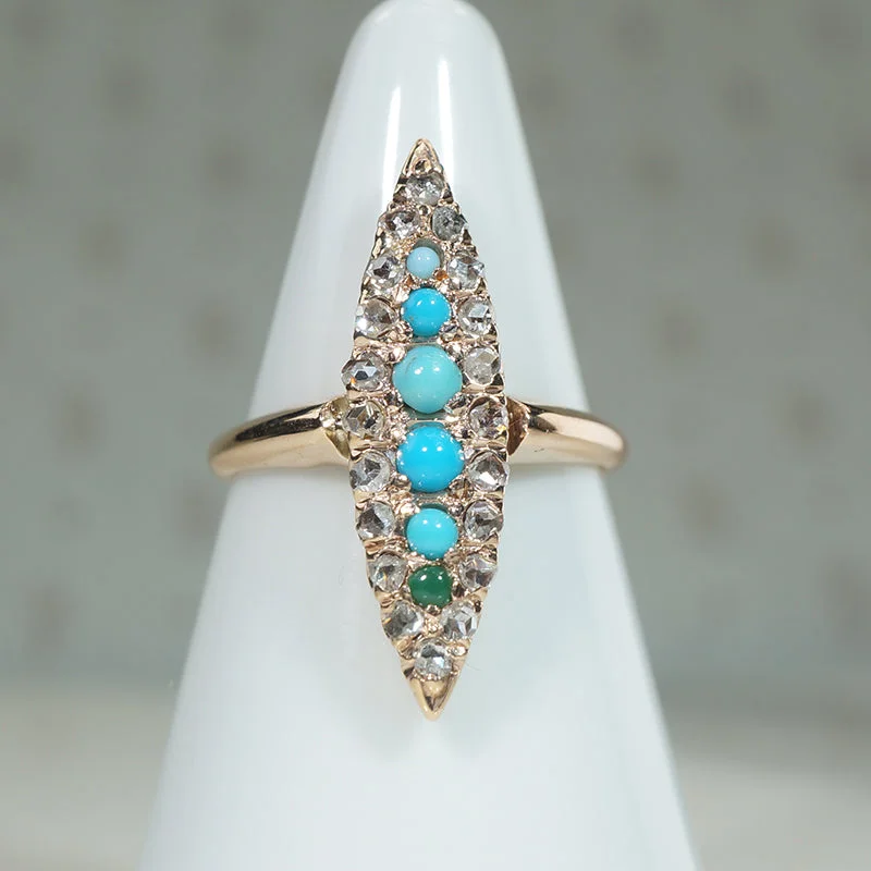 Triangle Design Rings -Wicked Turquoise & Rose Cut Diamond Navette Ring