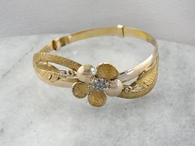 Ladies Rural Bracelets -Textured Floral Gold Bangle Bracelet with Diamond Cluster