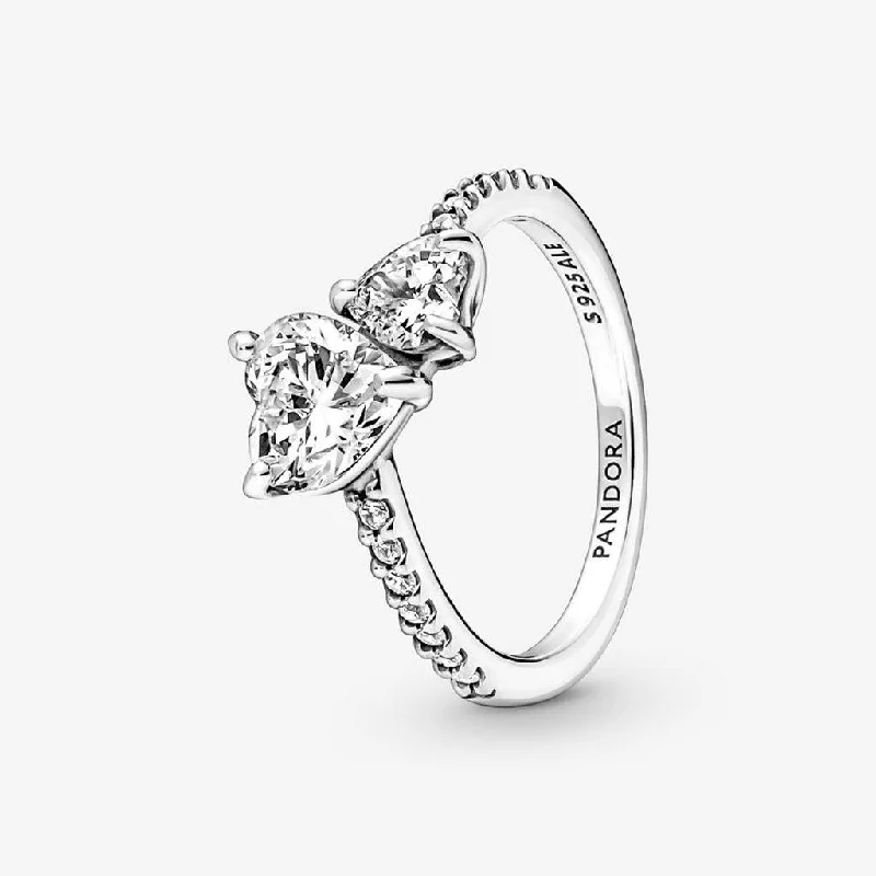 Wide Stone Rings -PANDORA : Double Heart Sparkling Ring in Sterling Silver