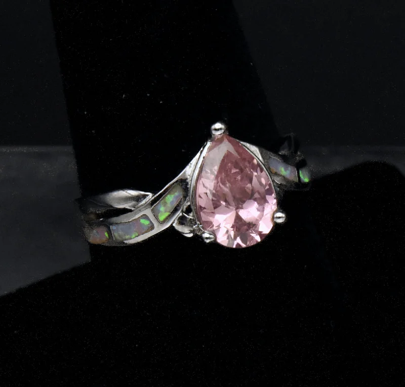 Lightweight Design Rings -Vintage Pink Crystal and Opal Sterling Silver Ring - Size 8