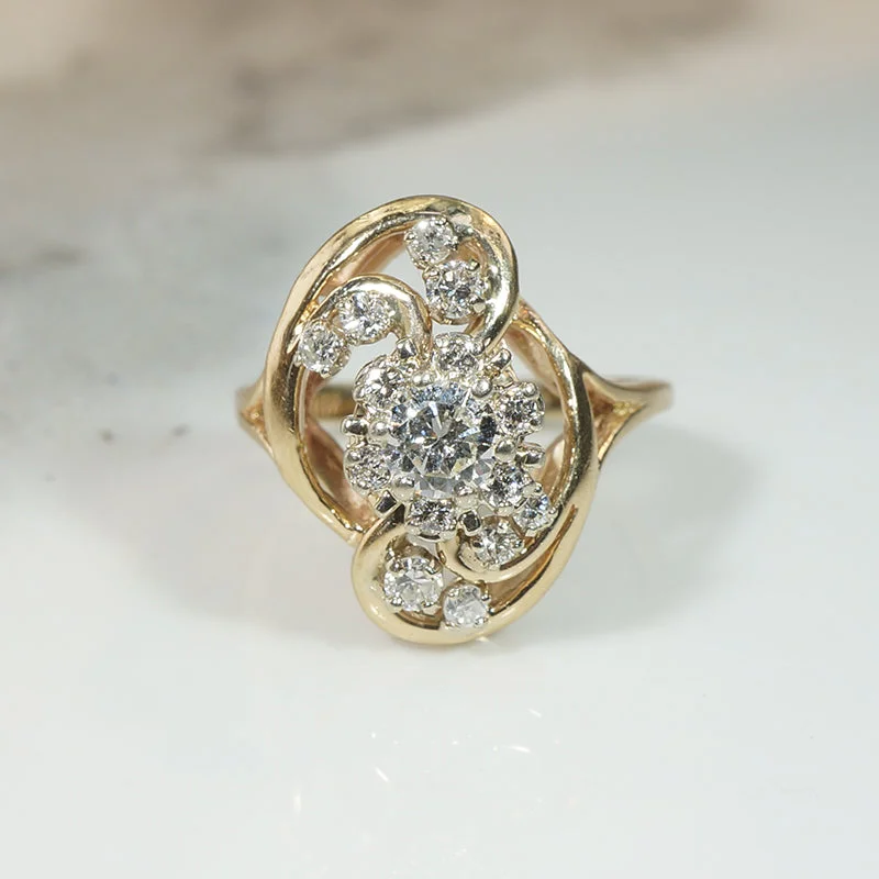 Round Stone Rings -Swirling Blossom Diamond Cluster Cocktail Ring