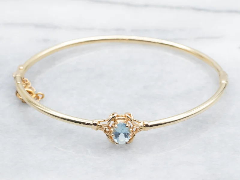 Ladies Engraved Bracelets -Gold Aquamarine Hinged Bangle Bracelet