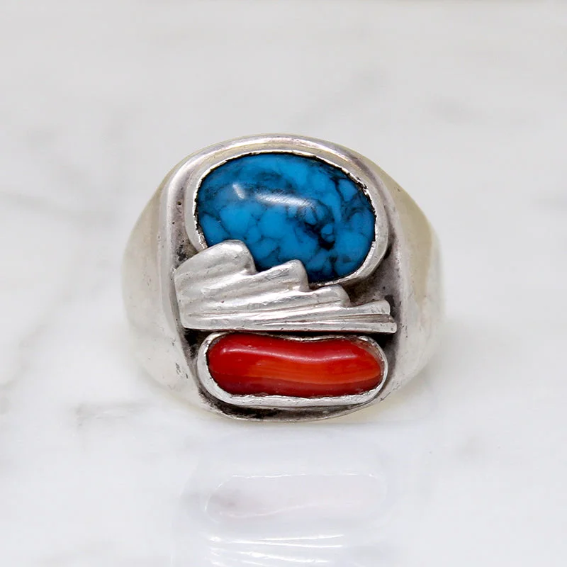 Woodland Theme Rings -Chunky Modernist Turquoise & Coral Ring