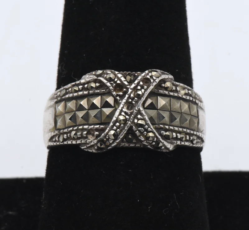 Phoenix Feather Rings -Vintage Art Deco Sterling Silver X Design Ring - Size 8.75 MISSING STONES