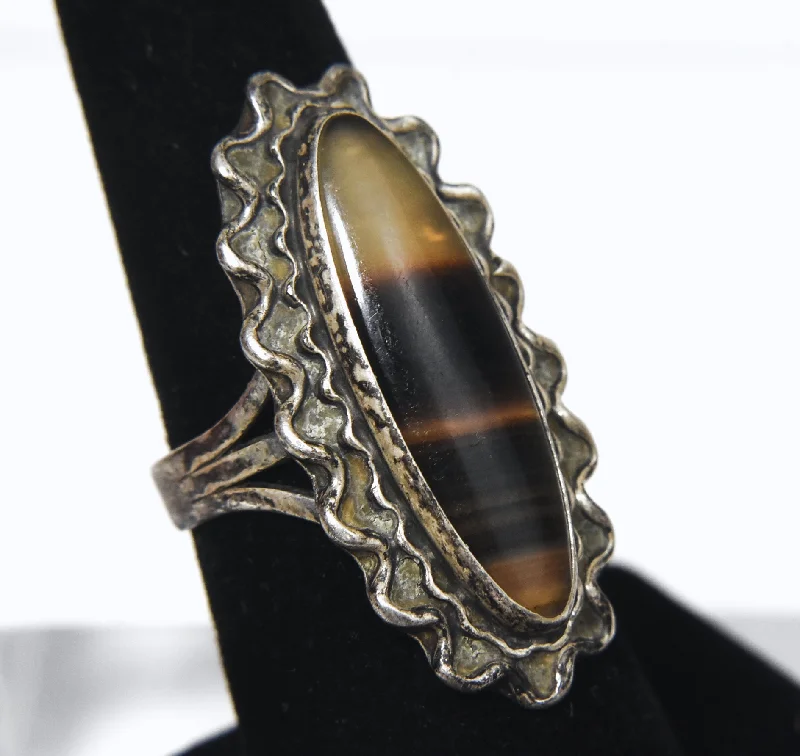 Handcrafted Band Rings -Vintage Sterling Silver Banded Onyx Ring - Size 6.5