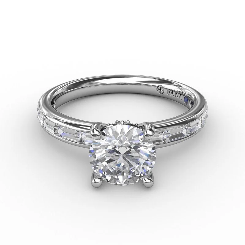 Edwardian Engagement Rings -Classic Round Diamond Solitaire Engagement Ring With Baguette Diamond Shank S3289