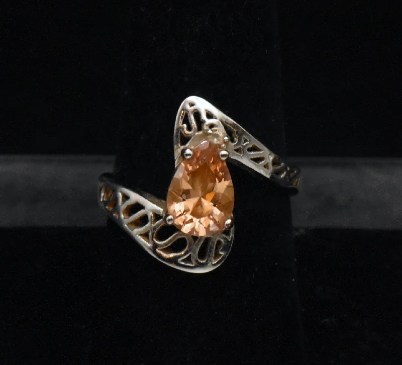 Resin Crafted Rings -Vintage Orange Cubic Zirconia Sterling Silver Ring - Size 8