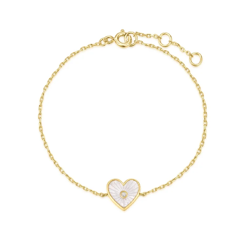 Ladies Heirloom Bracelets -Gold Plated Heart Shaped Mother of Pearl & CZ Stone Bracelet