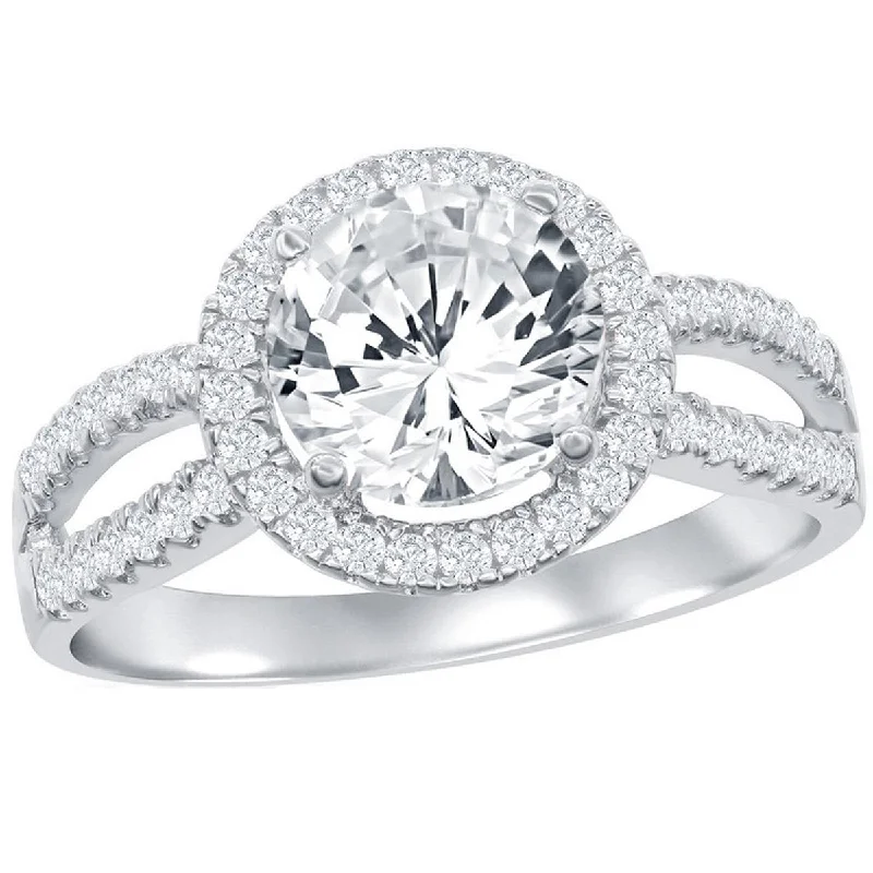 Low-Profile Engagement Rings -Classic Women's Halo Style CZ Engagement Ring - W-9893