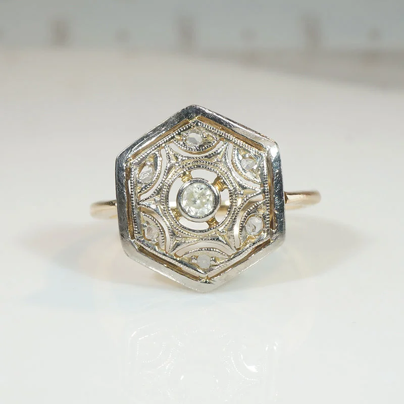 Steampunk Gear Rings -Lacy Platinum Hexagon on 18k Diamond Edwardian Ring