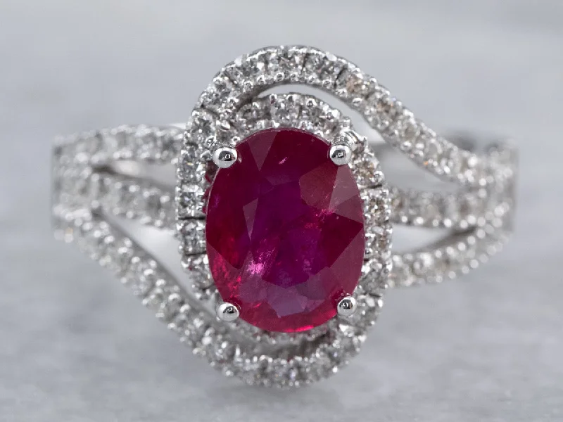 Celtic Engagement Rings -Modern Ruby Diamond Halo White Gold Engagement Ring