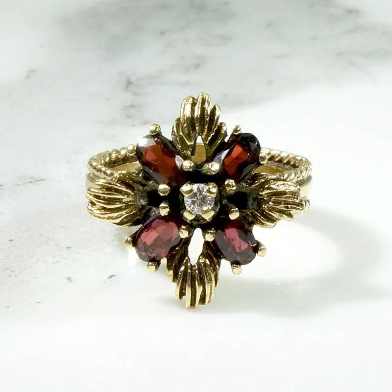 Industrial Metal Rings -Gold & Garnet Petaled Flower Ring