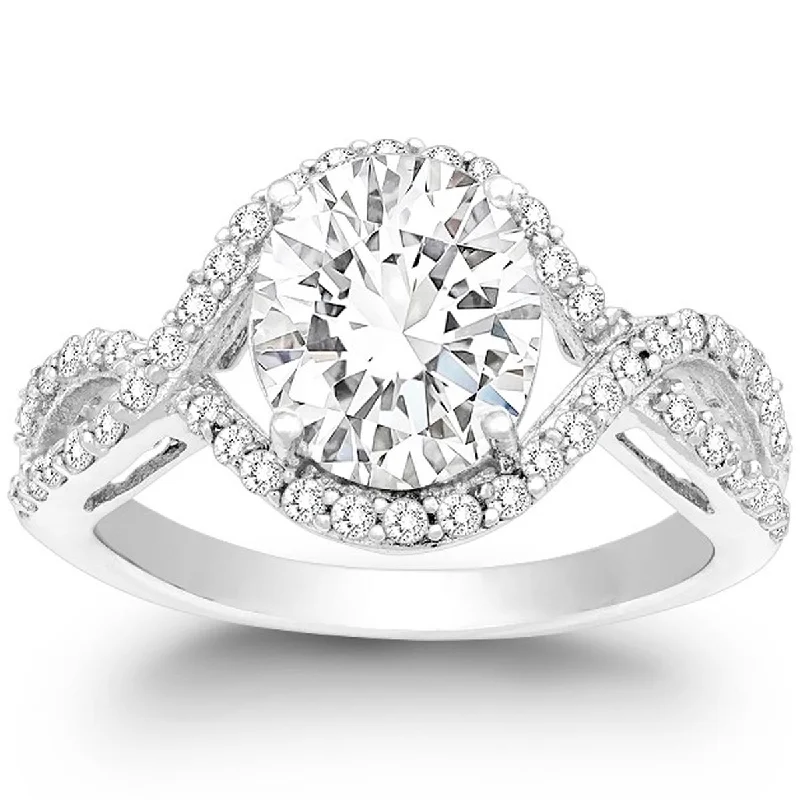 Platinum Engagement Rings -Classic Women's Silver Large CZ Engagement Ring - W-9890