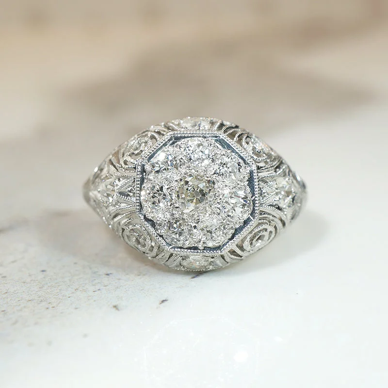 Horse Symbol Rings -Old Mine Diamond Cluster in Ornate Platinum Ring