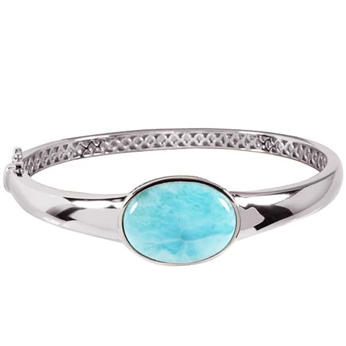 Ladies Thick Bracelets -Sterling Silver Oval Larimar Bangle Bracelet