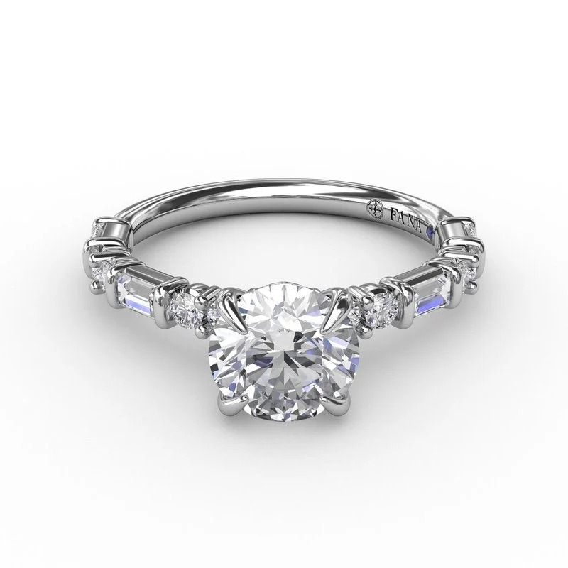 Edwardian Engagement Rings -Contemporary Diamond Solitaire Engagement Ring With Baguettes and Round Diamond Accents S3320