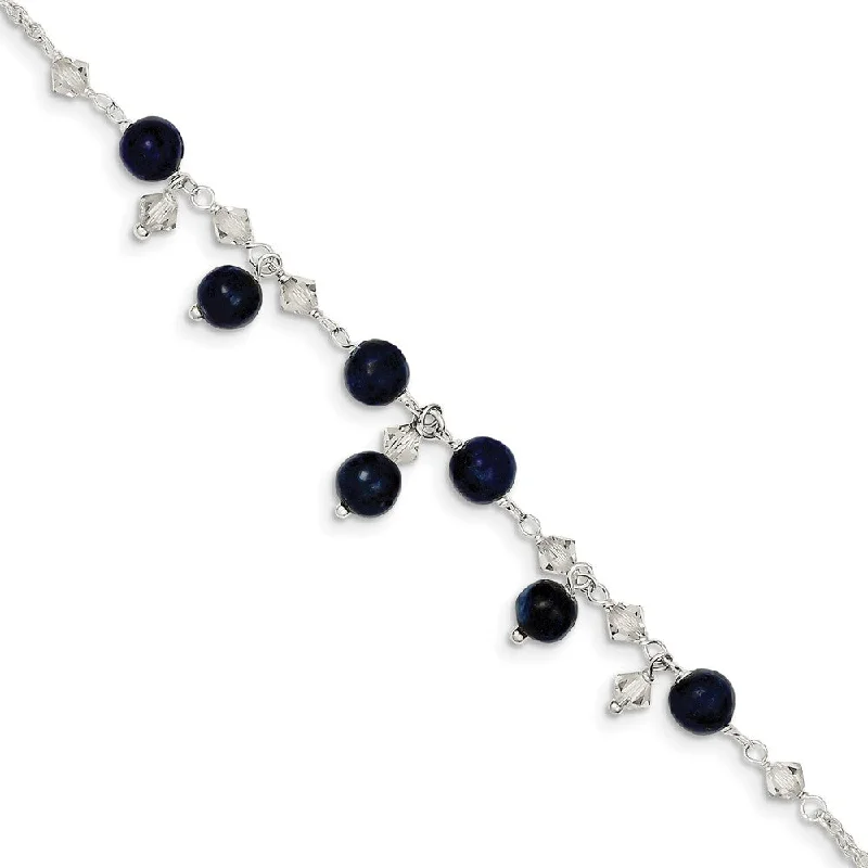 Ladies Art Deco Bracelets -Sterling Silver Clear Crystal And Blue Lapis Anklet Bracelet, 9 Inch