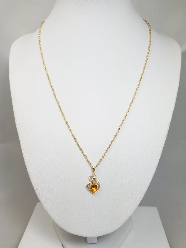 Ladies Necklaces Timeless Beauty-Sweet 18" 14k Yellow Gold Natural Heart Citrine Diamond Pendant Necklace