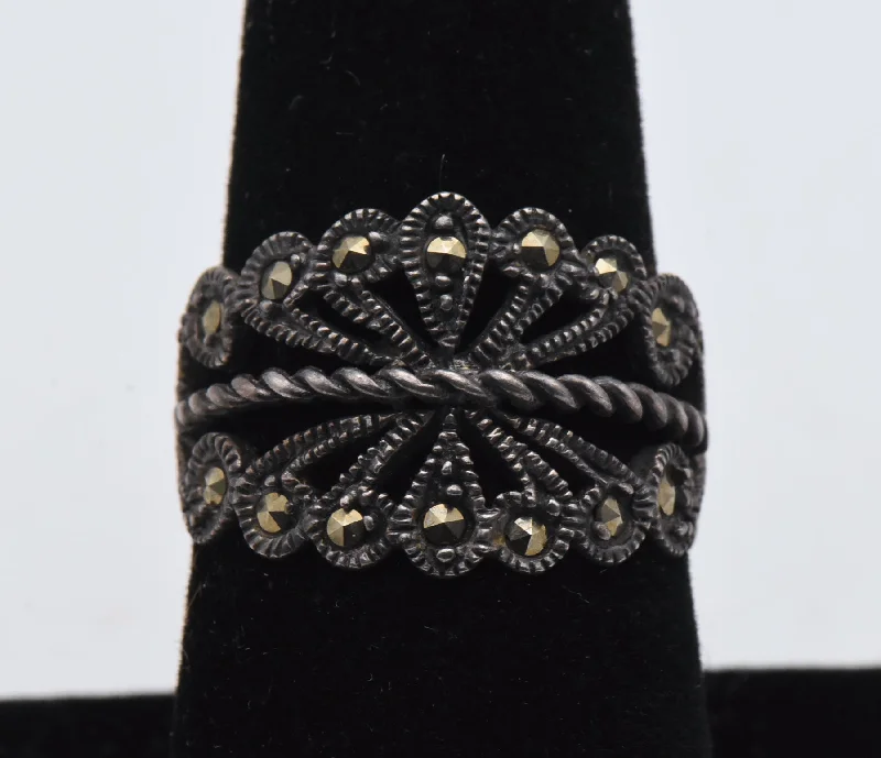 Adventure Style Rings -Vintage Sterling Silver and Marcasite Filigree Ring - Size 7.75