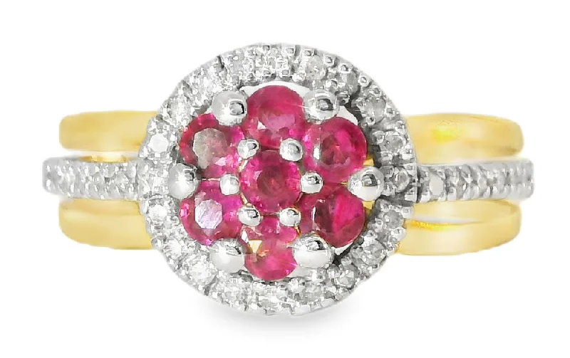 Puzzle Piece Rings -Beautiful Estate 14K 2-Tone Two-Tone Gold Ruby Diamond Floral Ring Band