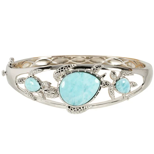 Ladies Lightweight Bracelets -Sterling Silver Three Larimar Turtle Bangle Bracelet